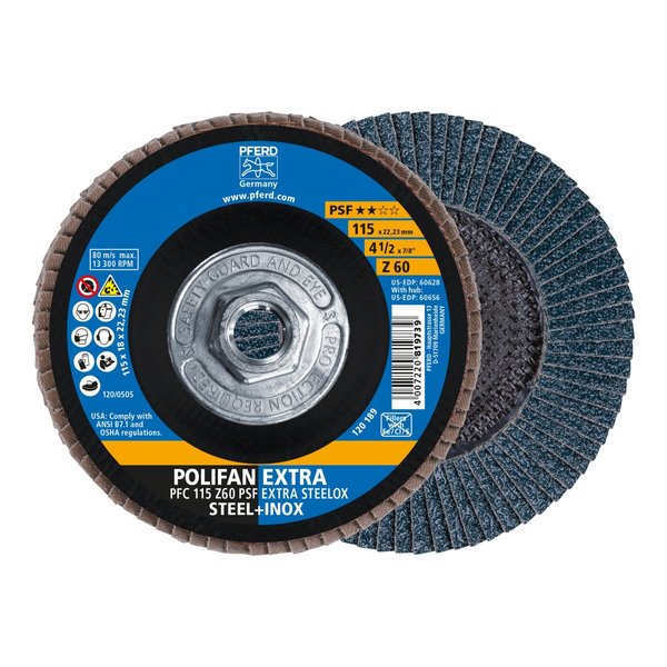 Pferd 4-1/2" x 5/8-11 Thd. POLIFAN® Flap Disc - Z PSF EXTRA STEELOX, Zirconia, 60 Grit, Conical 60656